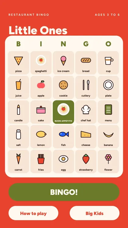 Restaurant Bingo: real screen 2 from the PDF