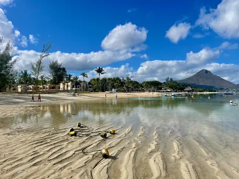 Lagoon sand ripples, Le Morne behind, Mauritius, our trip 2025